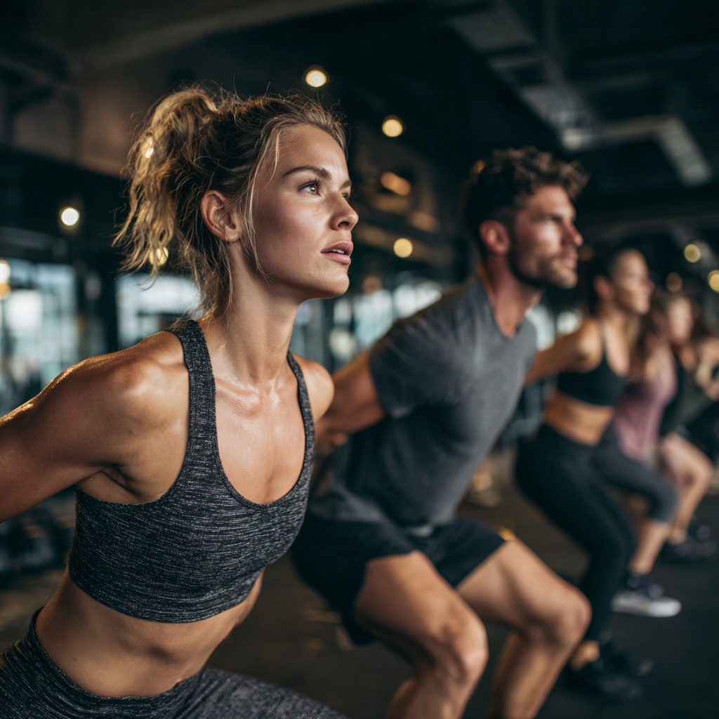 Mosolygó magyar férfi és nő sportruházatban, piros pulzusmérő órákat viselve, modern edzőteremben